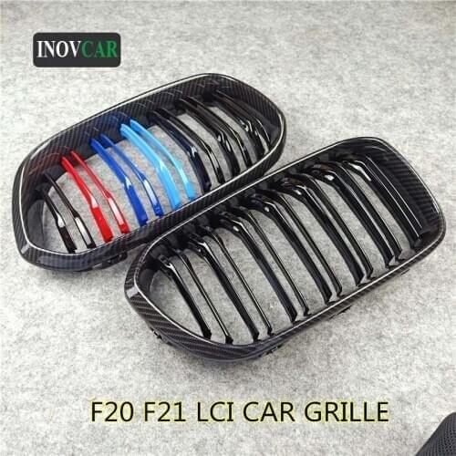 Pair for F20 Carbon Look Gloss black front grille for 1 Series F20 F21 LCI 2015-IN Dual line M Color Car Grille Car Styling