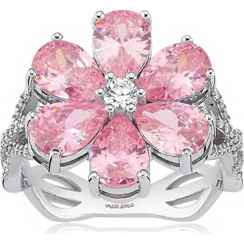 Valori Jewels Magnolia Flower Ring, 4 Ct Zircon Pink Pear Gemstone, Rhodium Plated, 925 Silver, Fine Jewelry