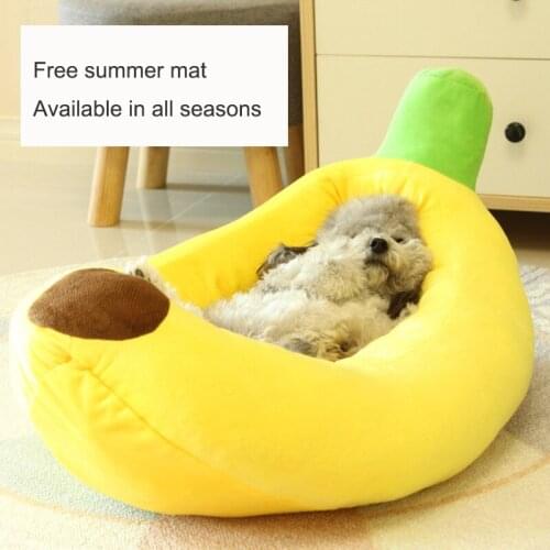 Cute Banana Shape Pet Dog Cat Bed House Plush Soft Cushion Warm Durable Portable Pet Basket Kennel With Summer Mat