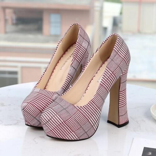Fashion Women Pumps Pointed Toe Cotton Cloth 14CM High Square Heels Ladies Shoes Spring Autumn Career Party Pumps DA0055