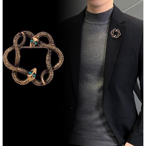 New Retro Metal Snake Brooch Animal Rhinestone Crystal Lapel Pin Mens Suit Coat Collar Pin Badge Jewelry Clothing Accessories