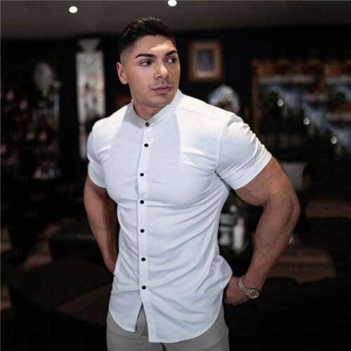 New Fashion Short Sleeve Shirt Men Solid Casual Slim Fit Social Business Dress Shirt Summer Mens Gym Fitness Sports Clothing