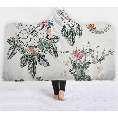 Wholesale Mandala Dreamcatcher Sherpa 3D Print Flower Spot Plush Hooded Blanket Adults Kid Warm Home Wearable Fleece Blankets