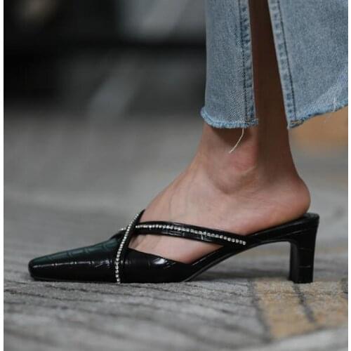 Drop Shipping Woman Black White Genuine Leather Slip On Cross Crystal Slippers Sandals Female Square Toe 7 cm Heels Muller Shoes