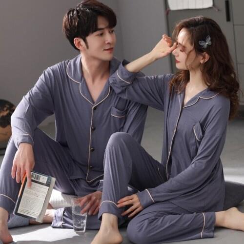 Spring Autumn New Couple Pajamas Suit Soft Modal Men And Women Pyjamas Set Large Size 3XL Home Clothes Loungewear Sleepwear