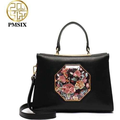 PMSIX Fashion Cow Leather Handbags for Women Embroidery Ladies Shoulder BagTote Bag Roomy Commuting Bags Luxury Top Handbags