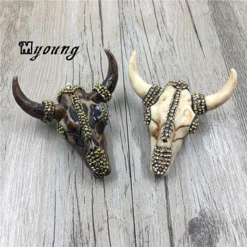 Buffalo Cattle Skull BOHO Pendant With Yellow Rhinestone Paved, Long Horn Cattle Skull Charm Pendant 45*23 mm MY1543