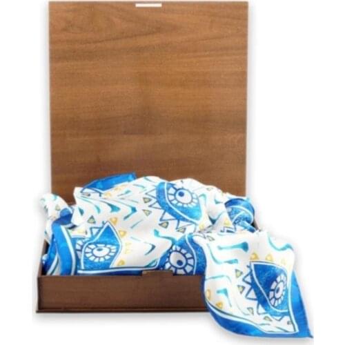 Turkish Original Silk Evil Eye Foulard Scarf Accessory with on wooden box for women girl gift square