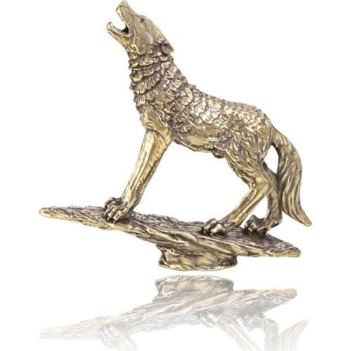 Solid Brass Prairie Rock Stone Wolf Statue Desktop Ornament Table Tea Pet Vintage Copper Animal Figurines Miniatures Decorations