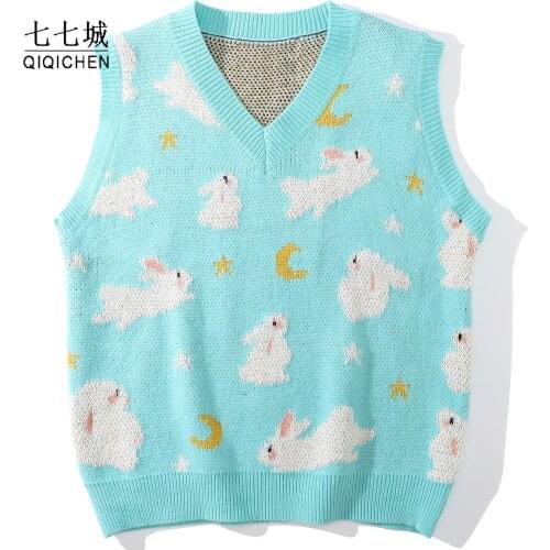Cartoon Alpaca Sweater Vest Men Women College Harajuku Knitted Street Vintage Japanese Pullover V-neck Sleeveless Sweater Unisex