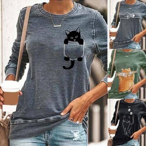 Women Blouses Cute Cats Print Polyester Long Sleeve Round Neck Pullover Casual shirt Blouse Top Womens Clothing рубашка женская