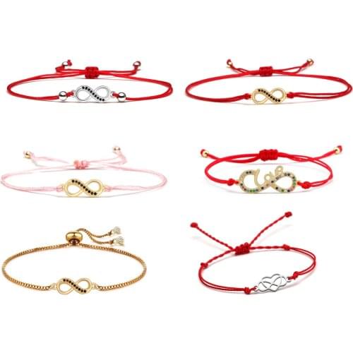 Cute Black Cubic Zirconia Stones Infinity Love Charm Bracelet Women Girl Green Brown Red Pink String Braided CZ Jewelry Present