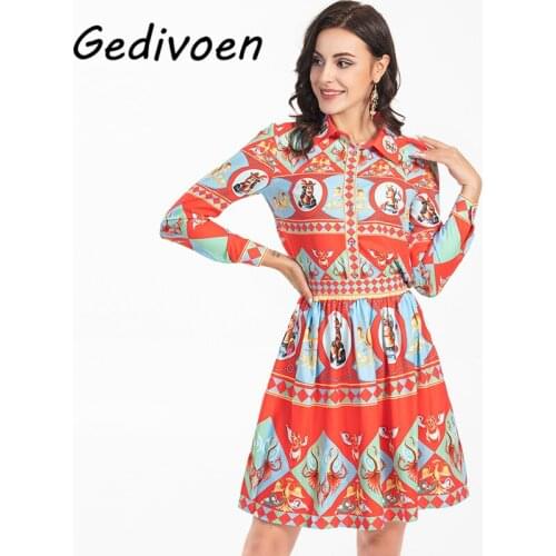 Gedivoen Womens Summer Runway Designer Skirt Suit Turn-down Collar Long Sleeve Blouse + Vintage Print Short Skirt Two Piece Set
