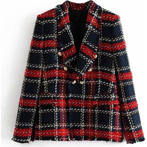 Winter plaid tweed blazer femme Fashion Double Breasted tassel suit blazer mujer 2019 casual women blazers and jackets