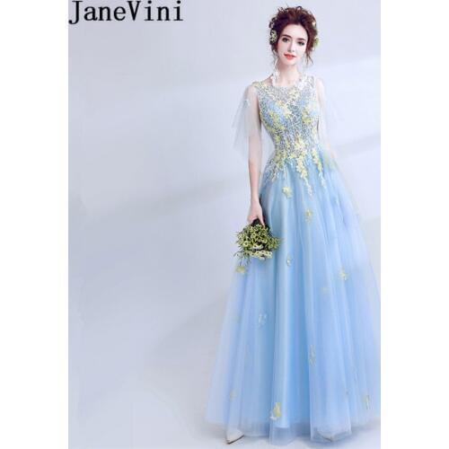 JaneVini 2018 Popular Blue Bridesmaid Bridemaids Dresses Long Lace Embroidery Beaded Party Dresses Women Robe De Chambre Femme