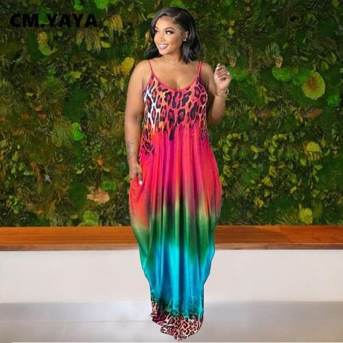 CM.YAYA Gradient Leopard Print Spaghetti Strap Women Maxi Dress Beach Bohemian Sleeveless with Pocket Long Dresses