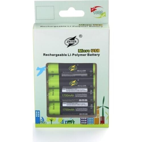 ZNTER 4pcs 1.5V AA Rechargeable Battery 1700mAh USB Charging Li-poly Battery Bateria with Micro USB Charging Cable Drop ship