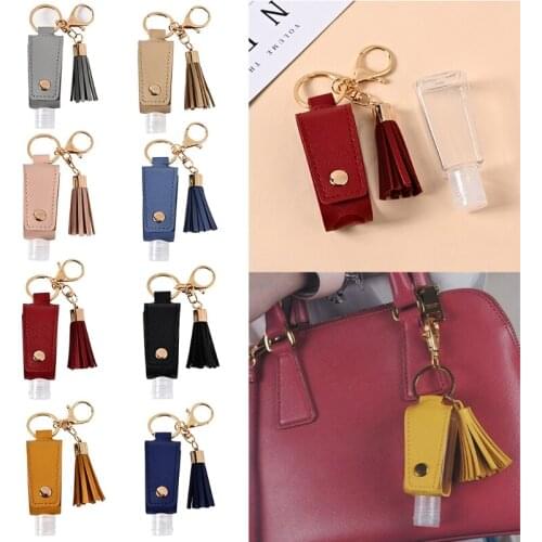 30ml Portable Empty Leakproof Plastic Travel Bottle for Hand Sanitizer with Tassels Leather Keychain Holder Carriers