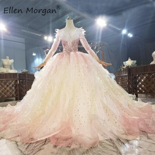 Arabic Sparkly Colorful Wedding Dresses Long Sleeves Real Picture 2021 New Boat Neck Appliques Chapel Train Bridal Ball Gowns