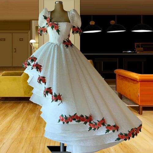 White High Low Lace Prom Dresses Short Sleeve Flower Appliqued Evening Gowns A Line Ruffles Custom Made Robes De Soirée