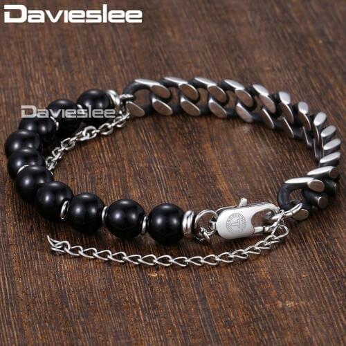 Davieslee Beaded Bracelet for Men Women Blue Glass Boho Curb Link Stainless Steel Chain Bracelet Gunmetal Silver Color DDLBM04