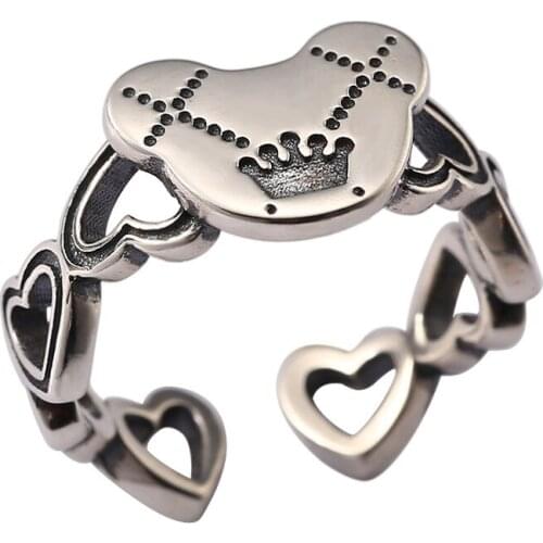 Pure S925 Silvering Ring for Women Cute Little Bear Head Crown Love Retro Finger Open Ring Fashion Accessories Girl Jewelry Gift