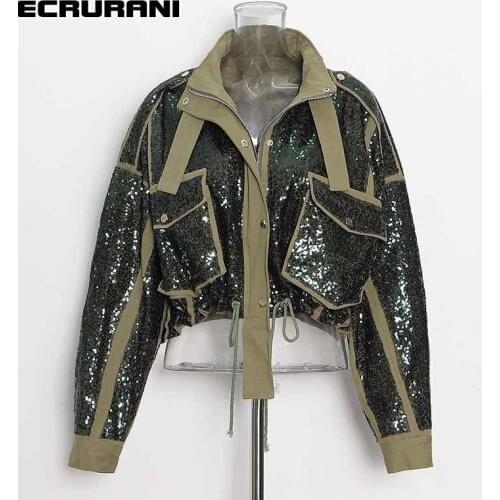 ECRURANI Green Patchwork Coat For Women Turtleneck Long Sleeve Hit Color Zipper Coats Females Fashion Summer Clothing 2021 Style
