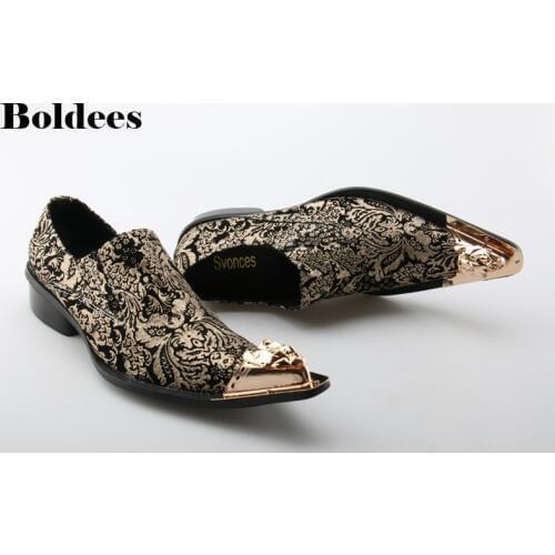 Italian Leather Mens Dress Shoes Vintage Diamond Metal Pointed Toe Chaussure Homme Luxury Male Formal Party Flats Shoe
