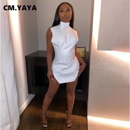 CM.YAYA Summer Women Sleeveless Bodycon Mini Dress PU Leather Backless Zipper Sexy Club Party Pencil Mini Dresses Vestidos