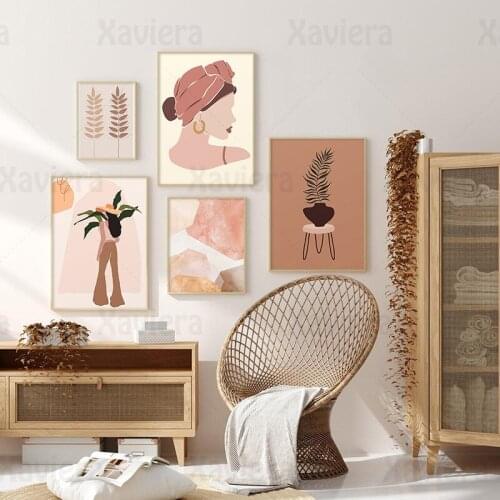 Wall Art Retro Poster Pink Orange Tropical Plant Woman Abstract Canvas Painting Modular Picture Home Decor Living Room Frameless