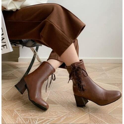 Autumn and winter New style Fashion High heels Cross lace Womens short boots Retro Casual Knight boots high 6cm plus size 34-48