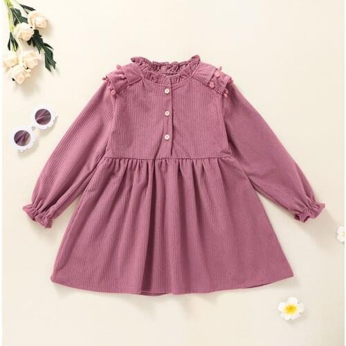 Autumn Winter 2021 New Girls Dress Long Sleeve Single Breasted Pink Solid Cute Sweet Baby Vestidos 3-7T
