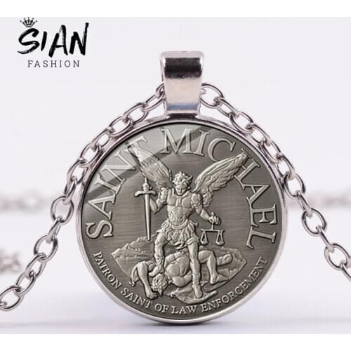 SIAN Archangel St Michael Saint Necklace Protect Me Saint Shield Protection & Justice Statement Necklace Russian Orhodox Pendant