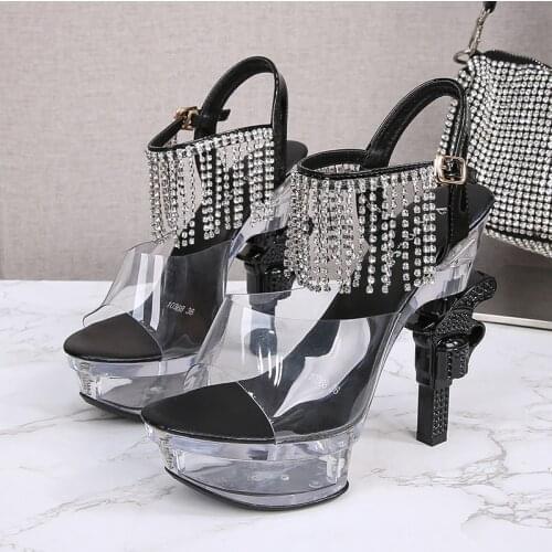 Sexy Crystal Platform PVC Peep Toe Ladies Shoes Rhinestone Tassel Word Buckle Strange Heel Type Candy Color Summer Sandals 2021