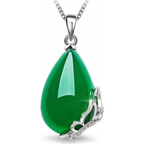 Natural Green Jade Chalcedony Water Drop Pendant 925 Silver Necklace Chinese Carved Charm Jewelry Fashion Amulet Gifts for Women