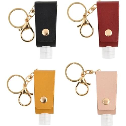 Portable Hand Sanitizer Holder PU Leather Keychain Small Plastic Bottle with Key Chain Empty Leakproof Travel Bottles 7 Colors