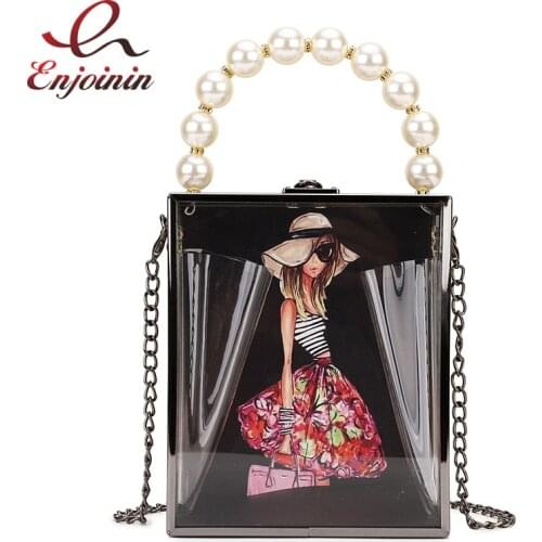 Transparent Acrylic Pearl Handle Character Pattern Box Women Party Handbag Shoulder Bag Chain Purse Crossbody Bag Female Pouch