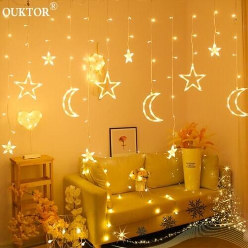 3.5M Curtain Lights Christmas Led String Fairy Lights Moon Star Garlands Lamp 100-240V for Wedding Holiday Party Decoration