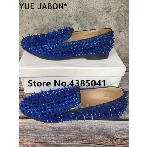 Blue Customized Men flats shoes Luxury Shinny Glitter Spikes Shoes Slip On Loafers Rivets Men Casual Shoes Brand Design