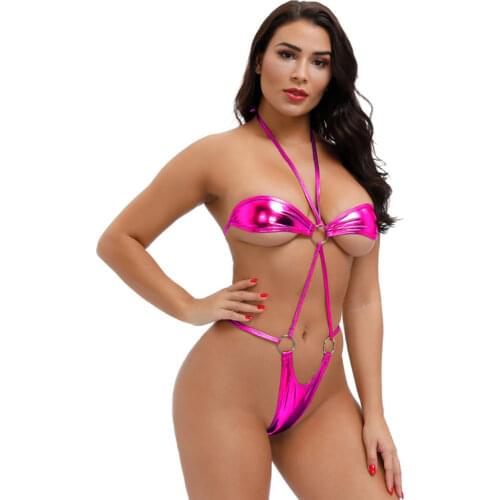 Sexy micro bikini swimwear women swimsuit one piece biquini bikinis Patent leather Bright light Halter String Lace Show buttocks