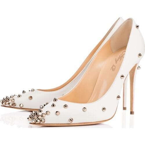 Womens Pumps Thin Heels High-heeled Single Shoe Pure White Rivets Pointed Toe Elegant Party Wedding Shoes Femmes Chaussures