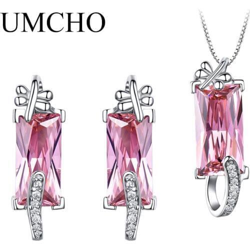UMCHO 925 Sterling Silver Jewelry Created Pink CZ Earrings Necklace Pendants Elegant Wedding Gifts For Women Fine Jewelry Sets