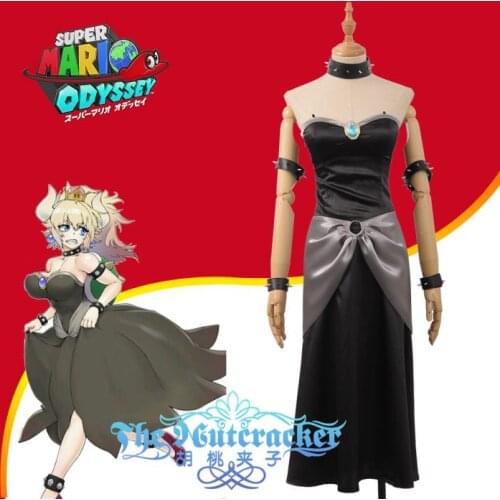 [STOCK] 2018 Game Mario Super Bowsette Kuppa Koopa Hime Black Stage Party For Girls Cosplay Costume Halloween Free Shipping New
