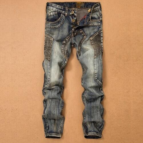 Vintage Mens Jeans Denim Pants Washed Patchwork Pencil Pants Straight Trousers J28