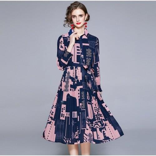 Runway Fashion Spring Summer Women Party Dress Elegant Long Sleeve Vintage Flower Print Lace-Up Belt Midi Shirt Pleats Dress