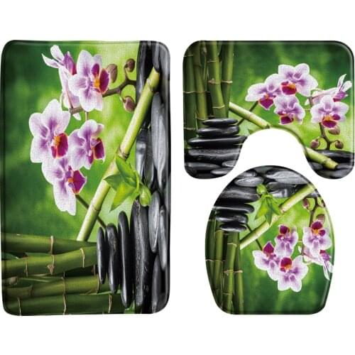Zen Stone Green Bamboo Flower Bath Mat 3 Pcs Set Bathroom Decor Rug Bathtub Carpet Anti-Slip Toilet Cover Mats Bathroom Products