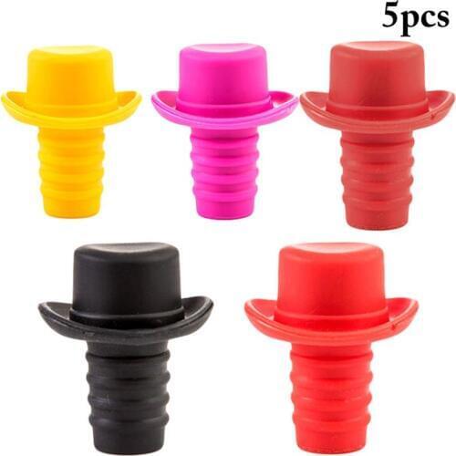 5pcs/set Creative Solid Color Wine Stopper Multi-Use Silicone Hat Design Bottle Stopper Wine Preserver Bar Accessories