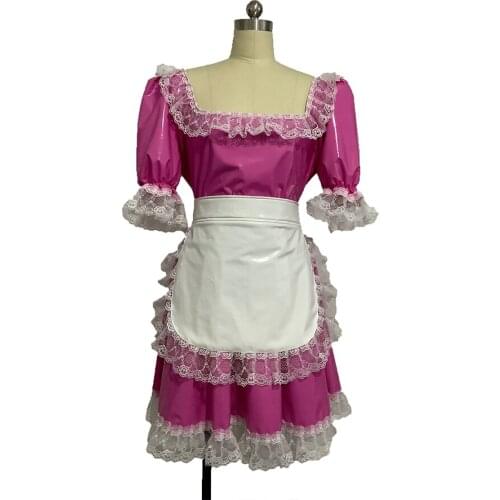 Amine Pink Cute Lolita French Maid Cosplay PVC Dress Woman Sexy Maid Party Stage Costumes With Apron