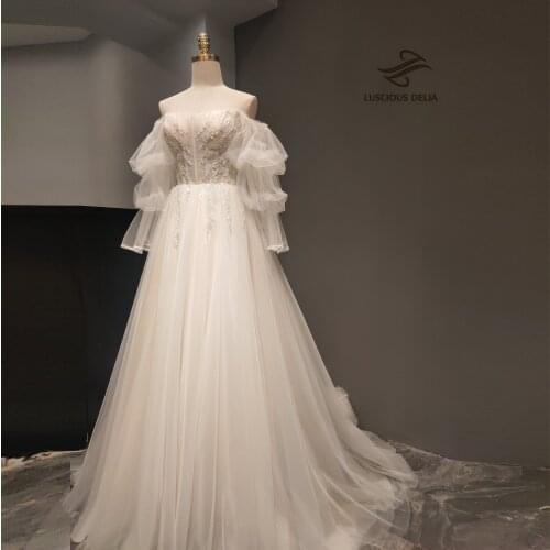 High Split Tulle White Dresses 2021 Formal wedding Party Gown Special sleeve evening Dress Luscious Delia