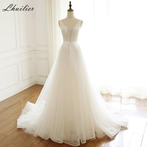 Lhuillier A-line Illusion V-neck Shiny Tulle Wedding Dresses Floor Length Sleeveless Court Train V-back Shiny Bridal Gown